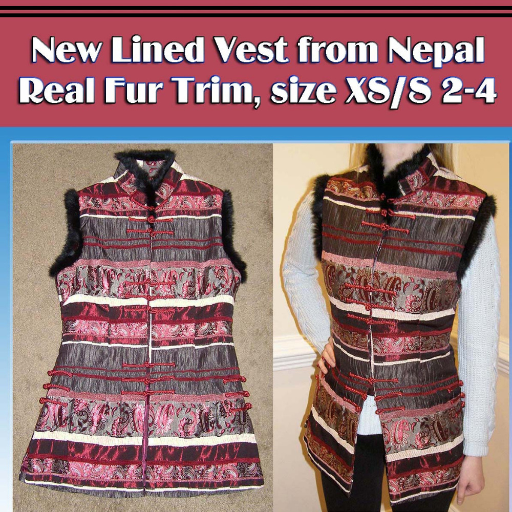 New luxurious fur trim vest from Nepal XS/S 2-6 - Picture 1 of 8